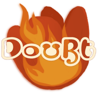 An illustration of a red tulips on fire with the word "Doubt" written over top ina light cream white in a font that is funky and evokes a 70s happy vibe.